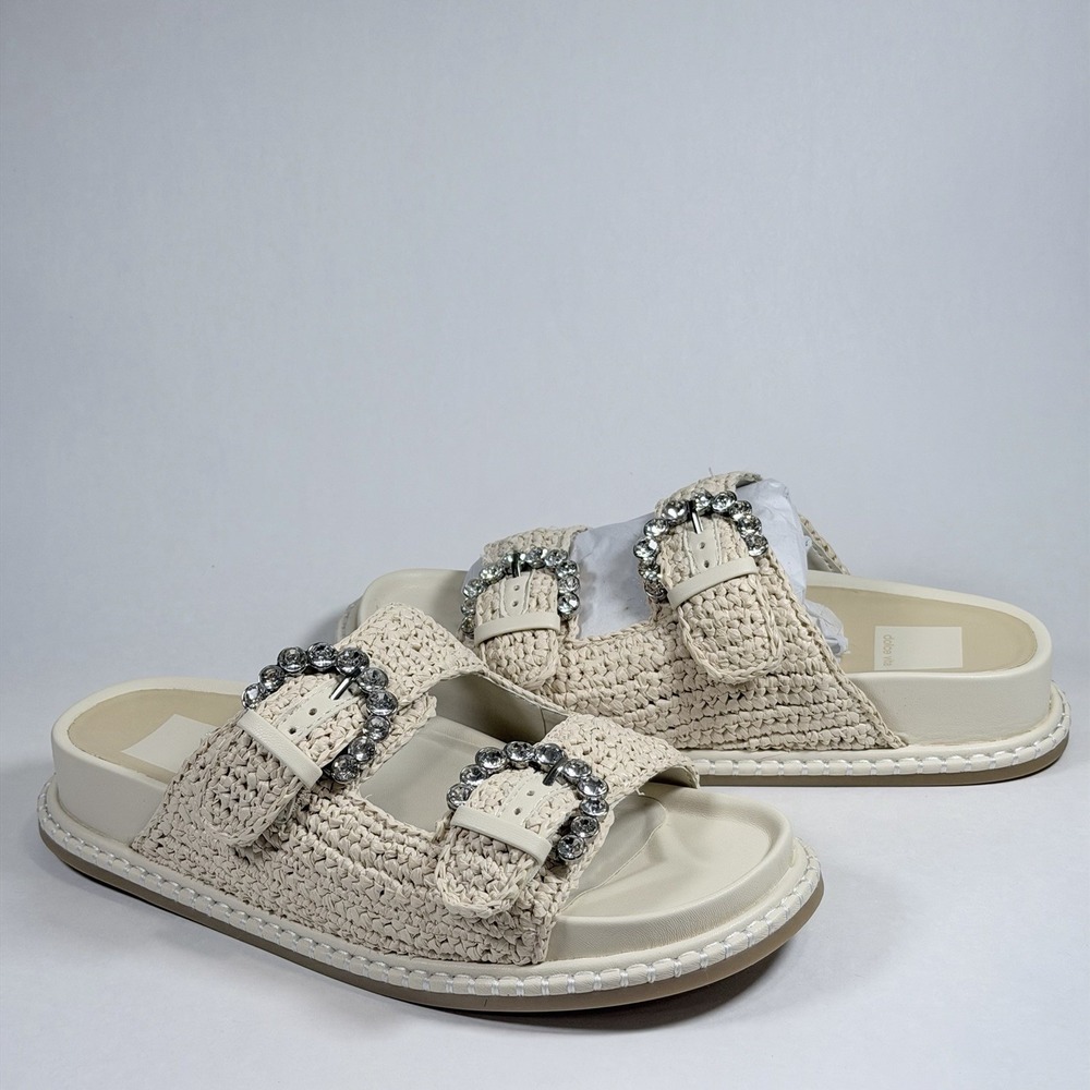 Dolce Vita Size-6.5 Women's Shauny Crystal Buckled Slide Sandals Beige